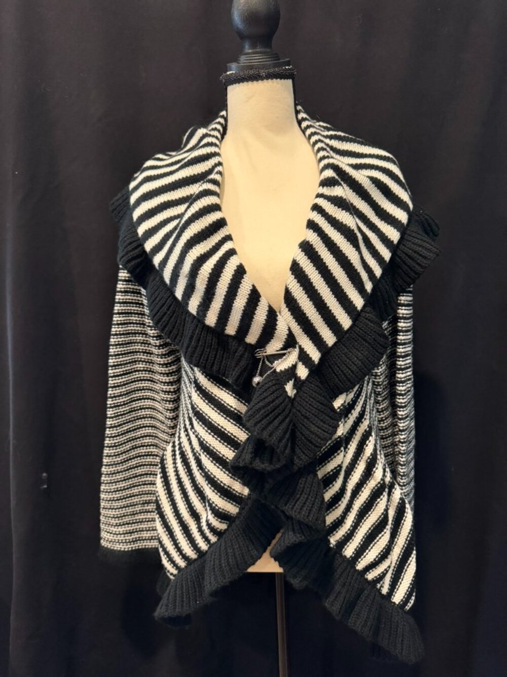 Sioni Black-&-White Striped Cardigan, Size Large